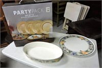 Set 6 Gold Chargers, Cake Plate, Casserole