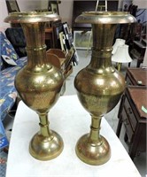 2 Heavily Carved Brass Vases