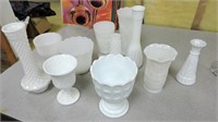 Selection Milk Glass Vases, Etc