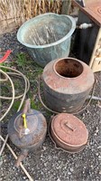 COPPER INSERT AND 3 CAST IRON POTS/KETTLES