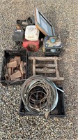 QTY OF AXE HEADS AND SPLITTERS, ANTIQUE TROLLEY,