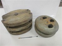 PAIR ANTIQUE DEAD EYE & DOUBLE PULLEYS