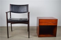Rosewood Nighstand and Leather Open Arm Chair