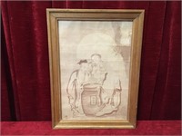 Old Chinese Print on Cloth - Frame 15.5" x 21"