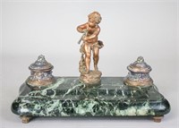 Patinated Bronze & Marble Inkwell