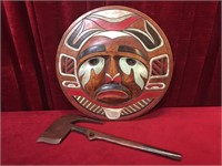 Carved 18" Wood Mask & 20" Wood Axe