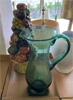 Ceramic Fruit Décor & Green Glass Handled Pitcher