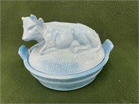 Blue Milkglass Cow Covered Dish
