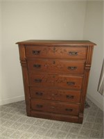 Oak 5 Drawer Tall Chest w/Spoon Carving