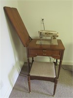 Singer Sewing Machine in Wooden Cabinet & Stool