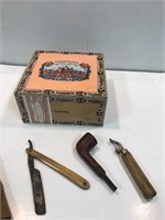 Wood Thompson’s cigar box. w pipe, razor, opener