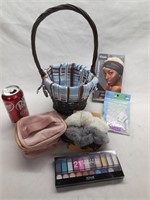 Basket w/Hair Scrunchies, Makeup, Rubber Bands