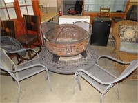 METAL OUTDOOR FIRE PIT, TABLE & CHAIRS