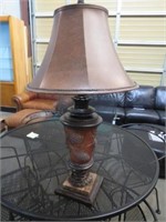 MARBLE BASE GLASS CTR TABLE LAMP W/LEATHER SHADE