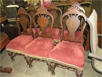 (6X) ANTIQUE CARVED PADDED SEATS DINING CHAIRS