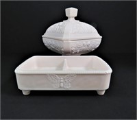 Pink milk glass soap dish and covered dish