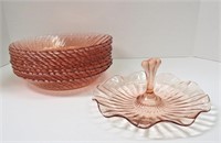 Pink glass bowls and serving dish