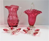 Four cranberry glass pieces