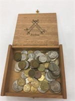 Cuban Cigar Box & Assorted Coins