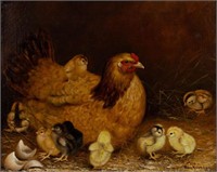Ben Austrian (Berks Co., PA, 1870-1921) oil on canvas barnyard scene of hen and chicks, signed and dated, 15 3/4" x 19 3/4" sight