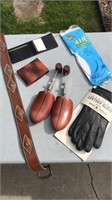 Leather gloves, belt, wallets, and wooden shoe