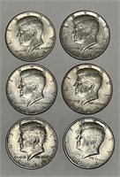 Six 1964 Silver Kennedy Half Dollar Coins
