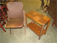 SMALL WOOD SIDE TABLE W/FOLDING WOOD CHAIR