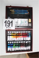 Dark Wood Artist Box w/Acrylics, Pencils (U236)