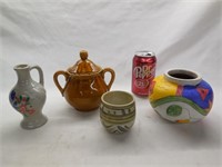 (4) Pottery Pieces, Vase, Cruet, Cup