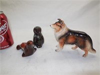 Japan Collie Dog Figure, Owl & Seal Pottery pcs