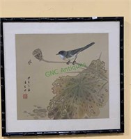 Framed oriental print - a bird and a leaf. Black