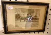 Framed antique photograph of a horse drawn fire