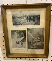 3 framed postcards of fireman, the water tower in