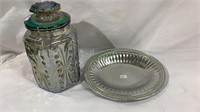 Iridescent glass cookie jar with an aluminum