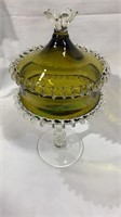 Empoli olive and clear glass covered compote