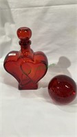 Ruby red glass heart bottle with stopper and