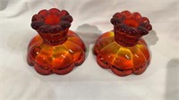 L E Smith Red / orange glass pair of candlesticks