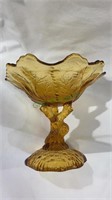 Amber glass tree form compote bowl with a leaf