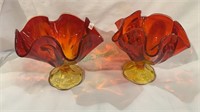2 matching Amberina glass compotes - orange and