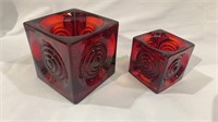 2 red glass candleholders by the Viking Glass