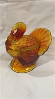 Amberina orange glass turkey covered candy dish