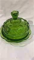 Green glass covered butter dish by LE Smith -