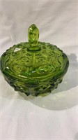 Green glass covered candy dish by the Viking