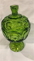 Green glass covered candy dish by LE Smith - moon