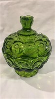 Large green glass covered bowl in the moon and
