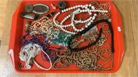 Tray lot costume jewelry - pearl beads and more,