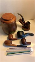 Tobacco pipe collection, walnut tobacco jar box,