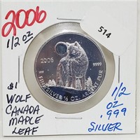 2006 1/2oz .999 Silver $1 Canada Wolf