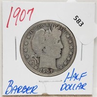 1907 90% Silver Barber Half $1 Dollar