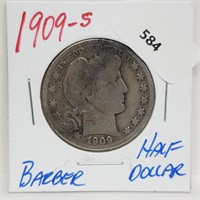 1909-S 90% Silver Barber Half $1 Dollar